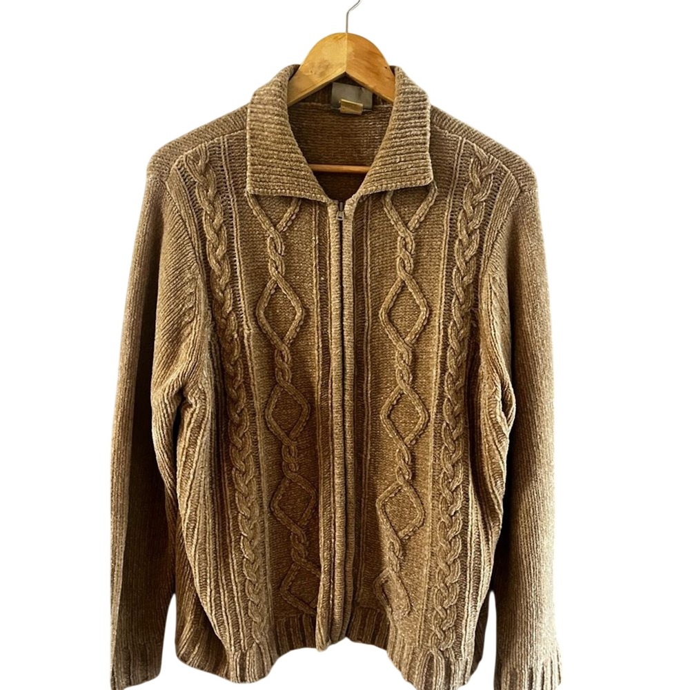 Vintage Blair SZ‎ Large Women's Tan Zip Up Cable Knit Sweater Jumper 90s Soft